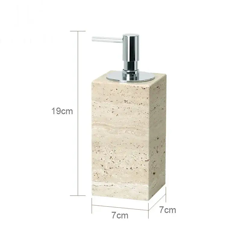 Beige travertine marble bathroom accessories set with tray