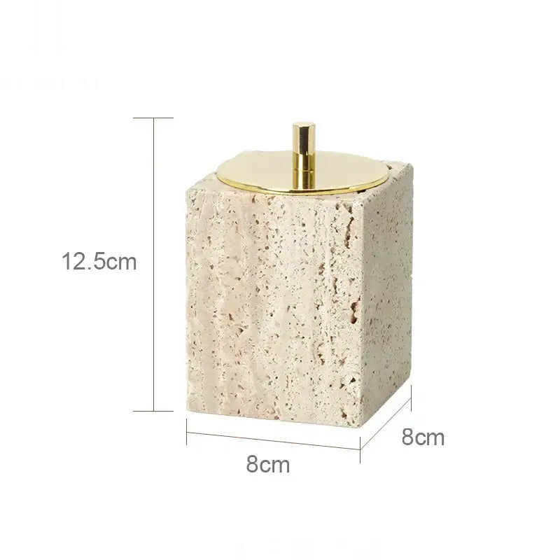 Beige travertine marble bathroom accessories set with tray