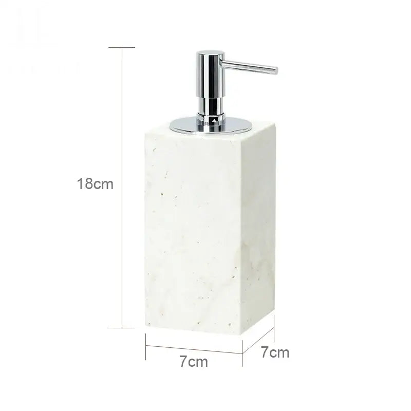 Beige travertine marble bathroom set with chrome pump dispensers