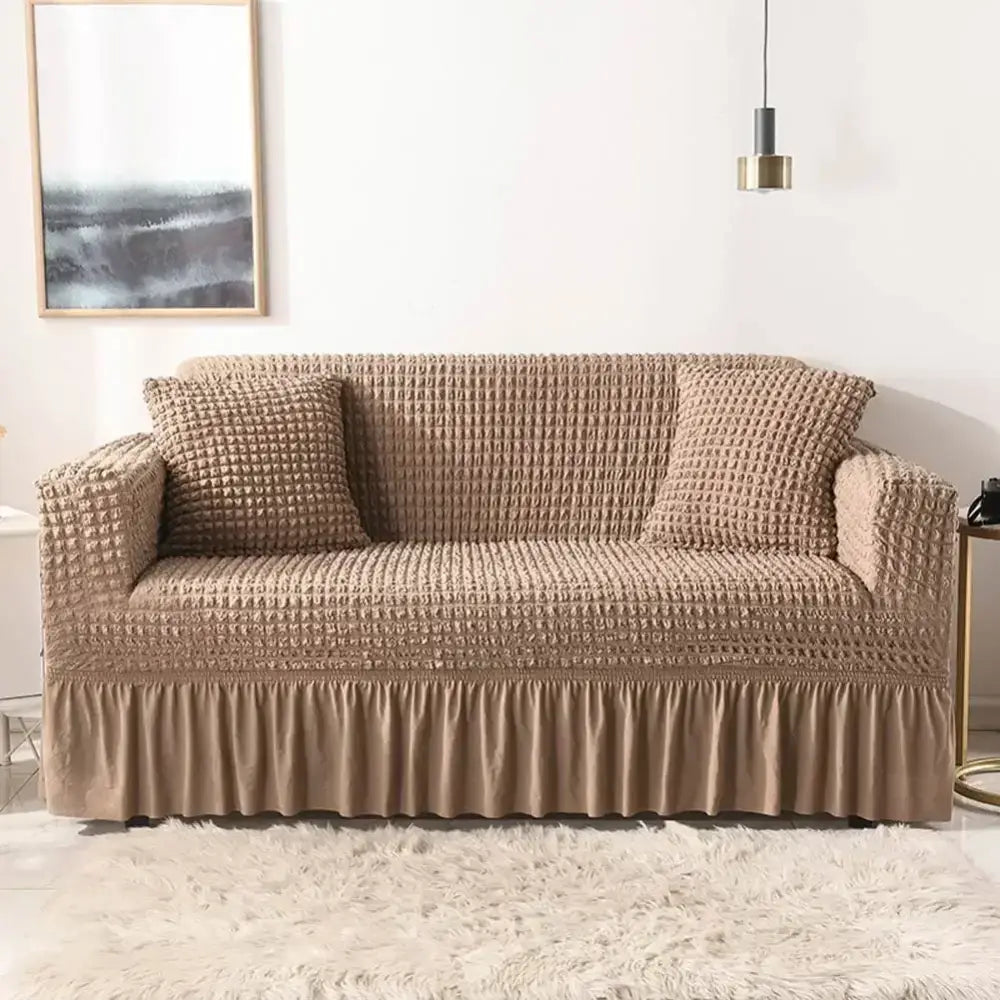 Beige waffle cozy sofa cover living room ruffled solid color slipcover