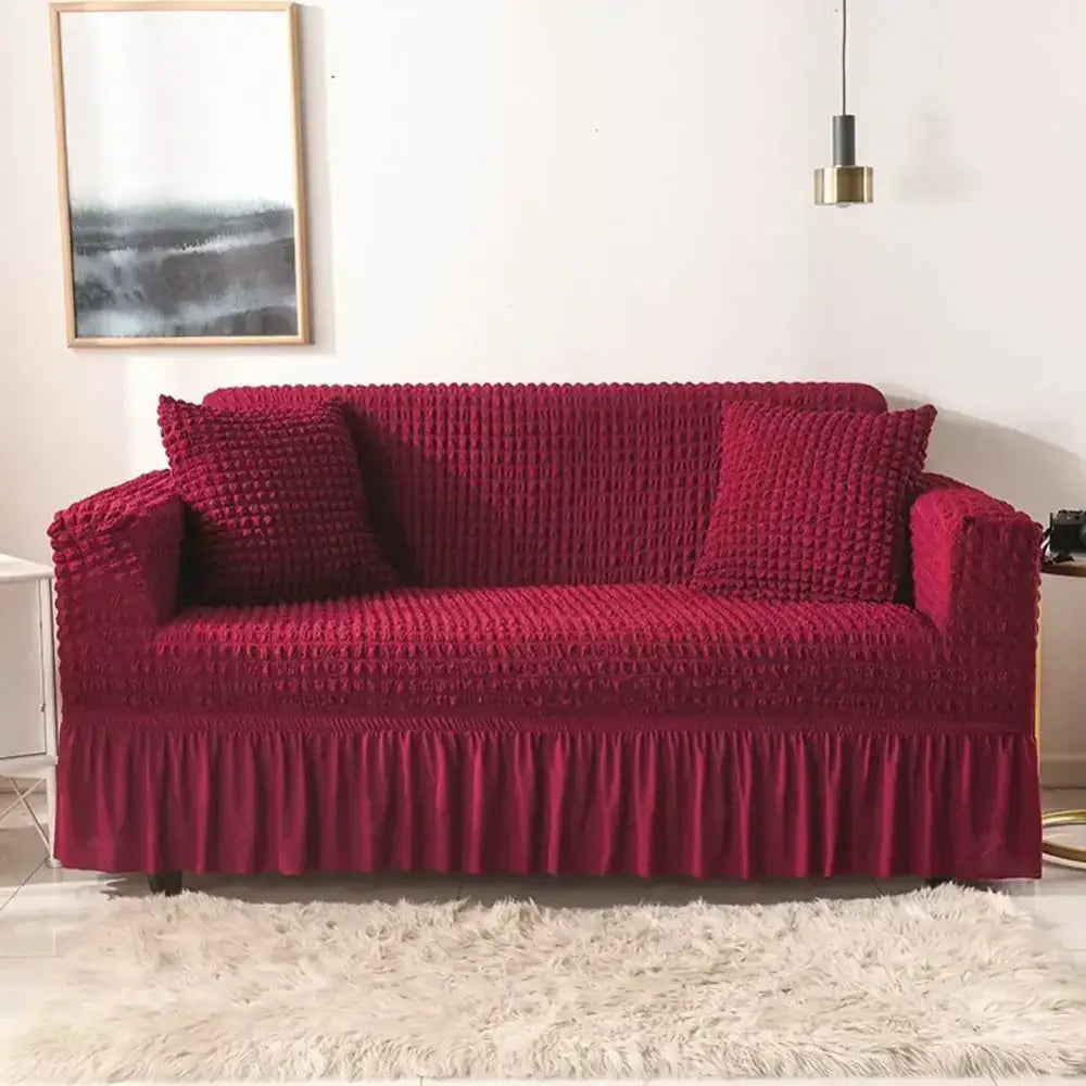 Beige waffle cozy sofa cover living room ruffled solid color slipcover