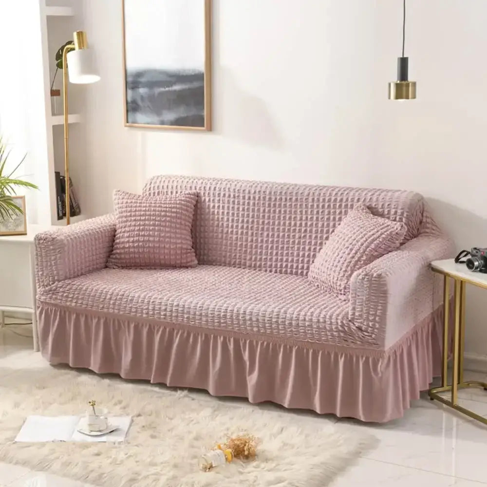 Beige waffle cozy sofa cover living room ruffled solid color slipcover