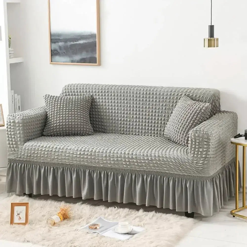 Beige waffle cozy sofa cover living room ruffled solid color slipcover