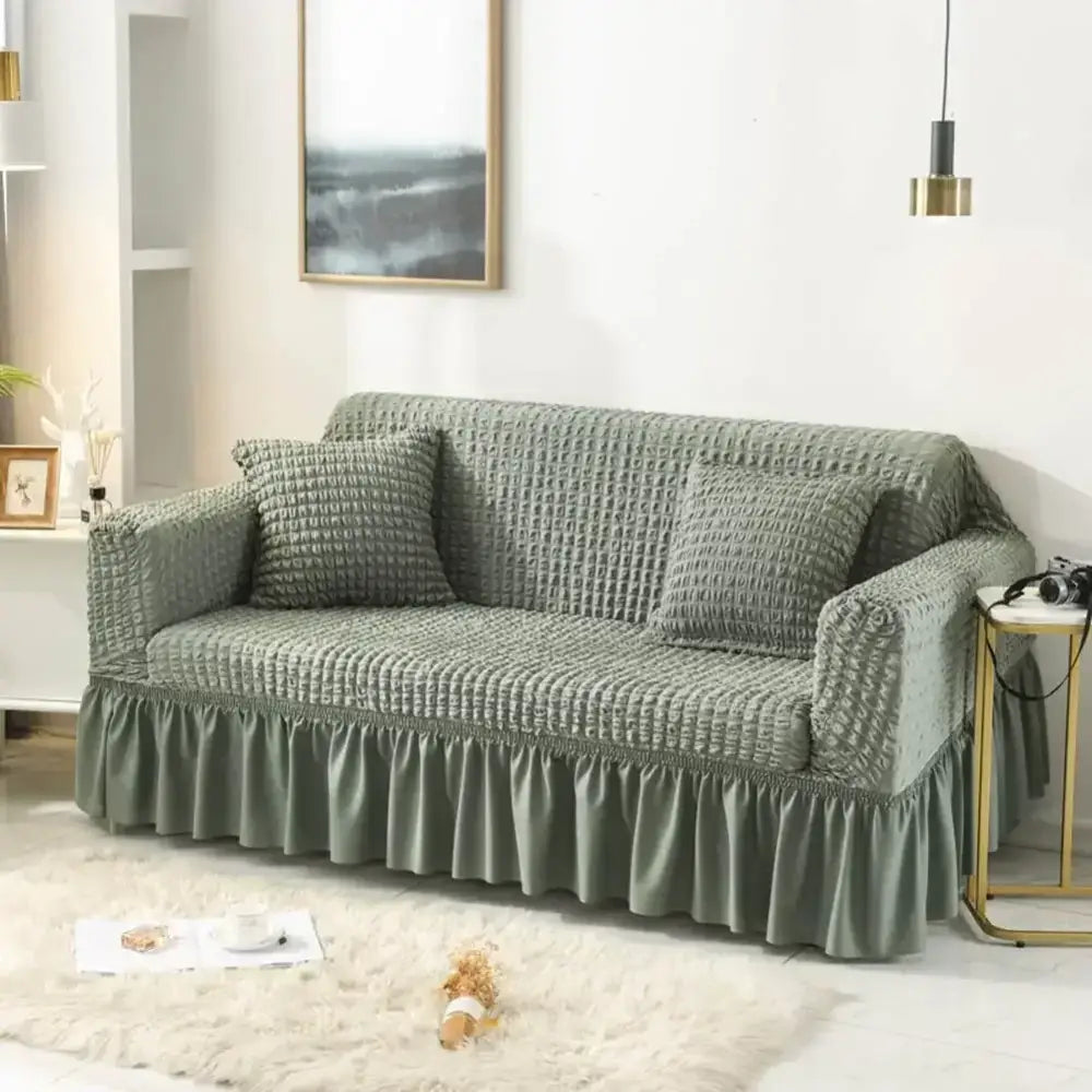 Beige waffle cozy sofa cover living room ruffled solid color slipcover
