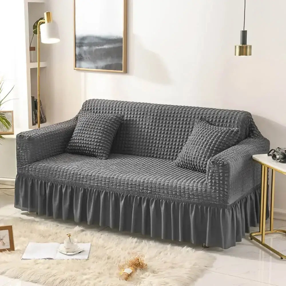 Beige waffle cozy sofa cover living room ruffled solid color slipcover