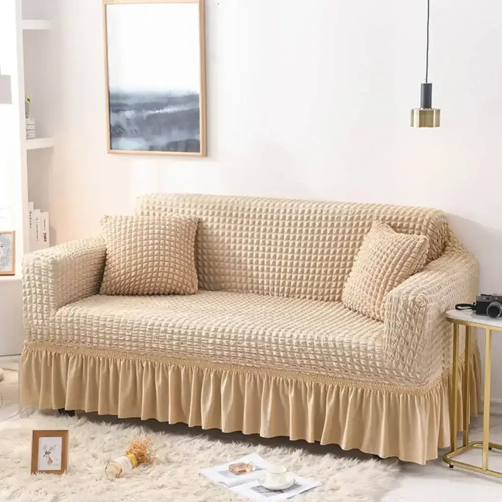 Beige waffle cozy sofa cover living room ruffled solid color slipcover