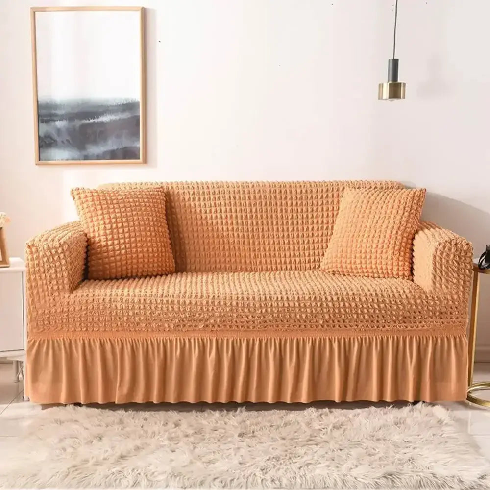 Beige waffle cozy sofa cover living room ruffled solid color slipcover