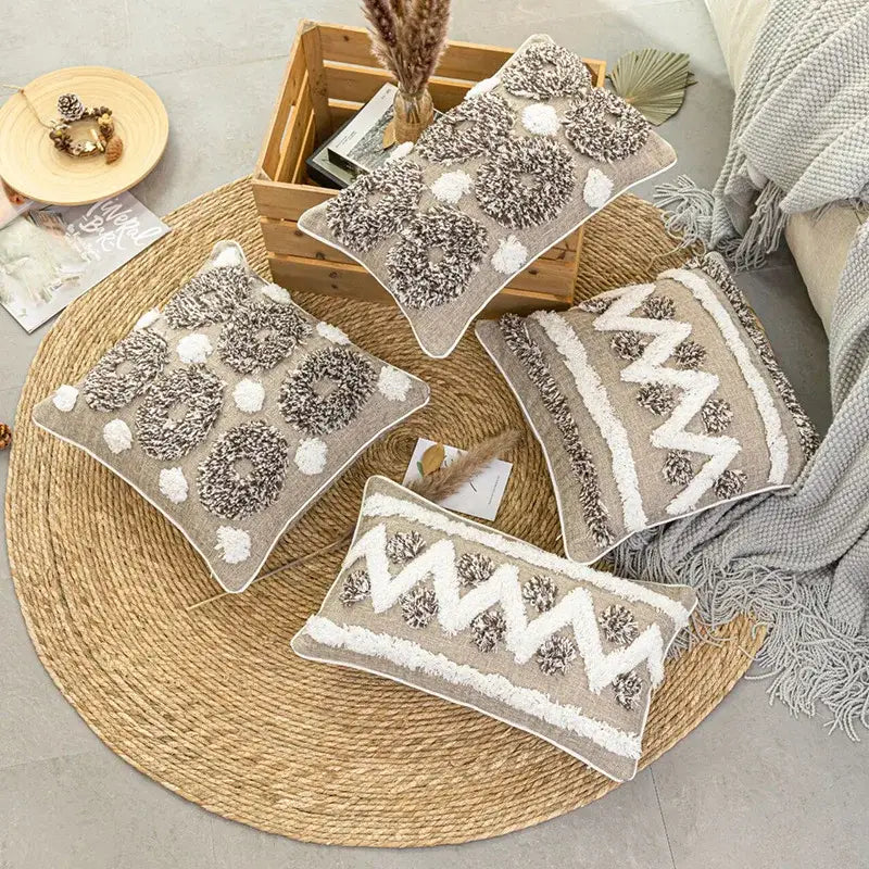 Beige & white diamond tufted zigzag cushion cover living room decor