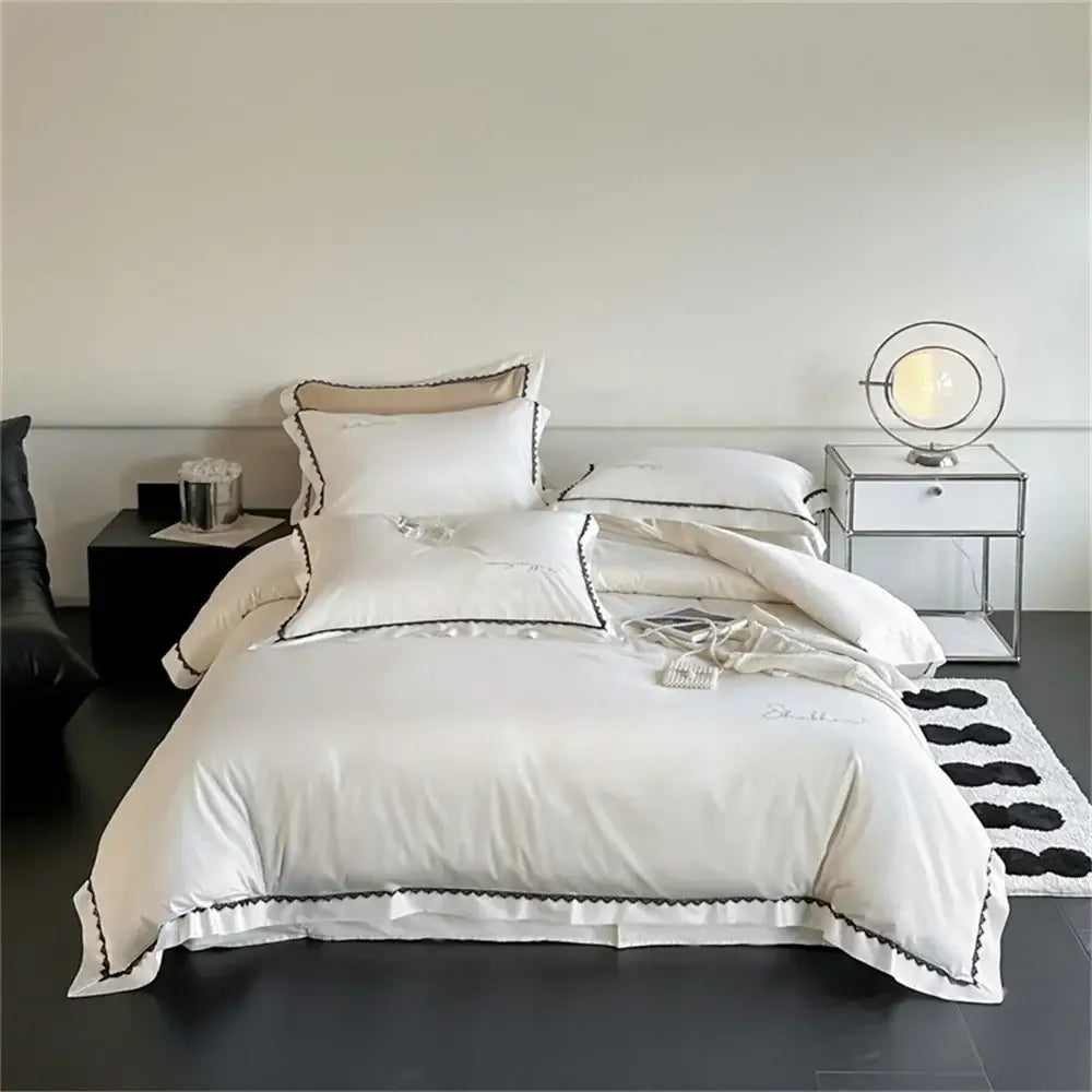 Beige & white hot diamond lace bedding set bedroom duvet cover