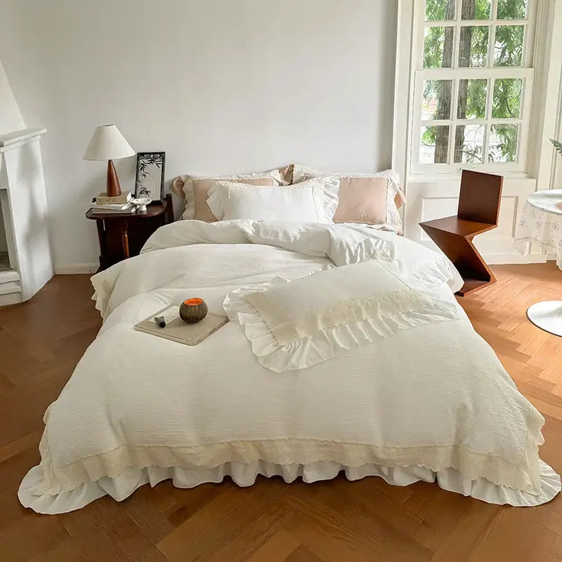 Beige & white lace ruffles bedding set – bedroom duvet cover