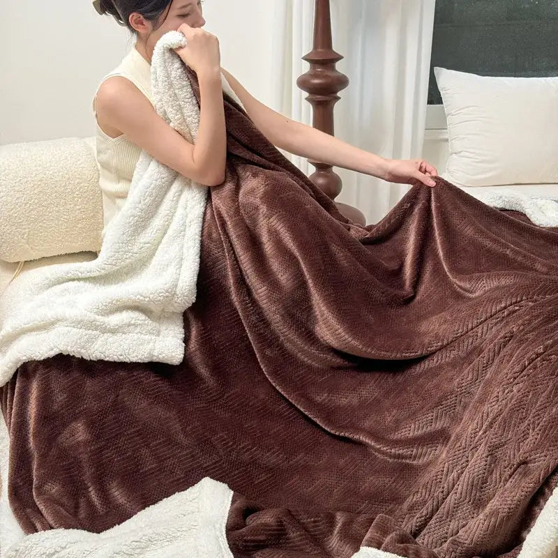 Beige & white ribbed coral fleece jacquard blanket bedroom throw
