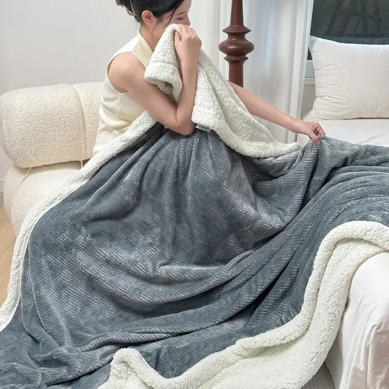 Beige & white ribbed coral fleece jacquard blanket bedroom throw