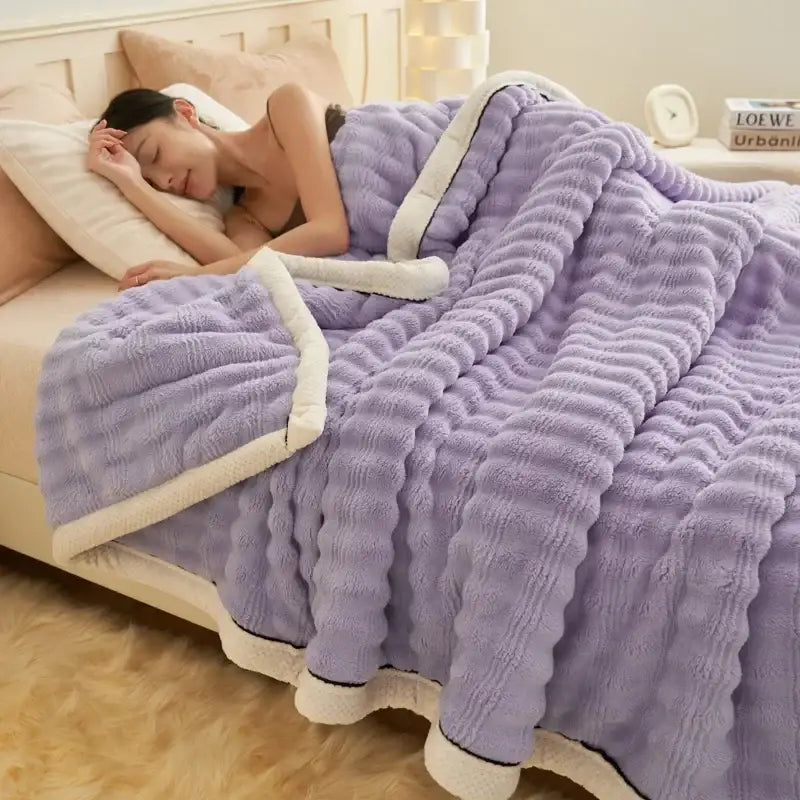 Beige & white striped rabbit plush blanket bedroom quilted throw