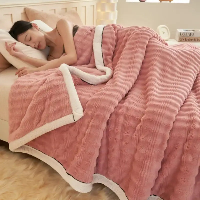 Beige & white striped rabbit plush blanket bedroom quilted throw