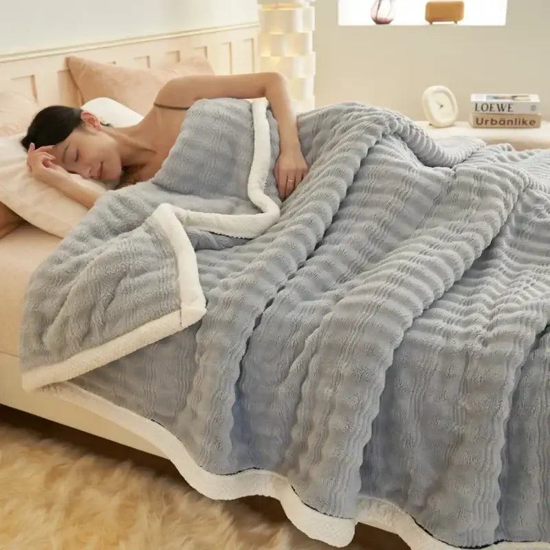 Beige & white striped rabbit plush blanket bedroom quilted throw