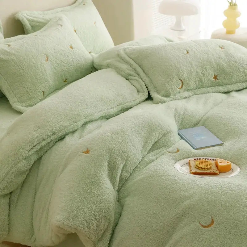 Berber fleece star embroidery bedding set cream white bedroom plush
