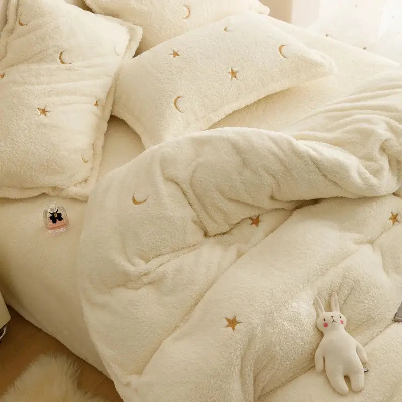 Berber fleece star embroidery bedding set cream white bedroom plush