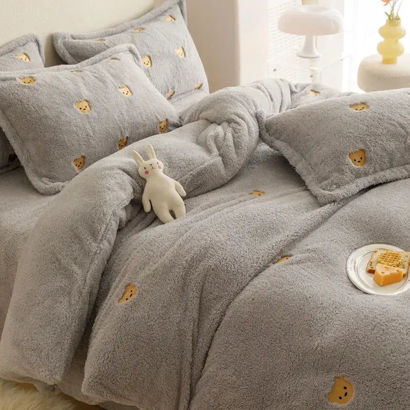 Berber fleece star embroidery bedding set cream white bedroom plush