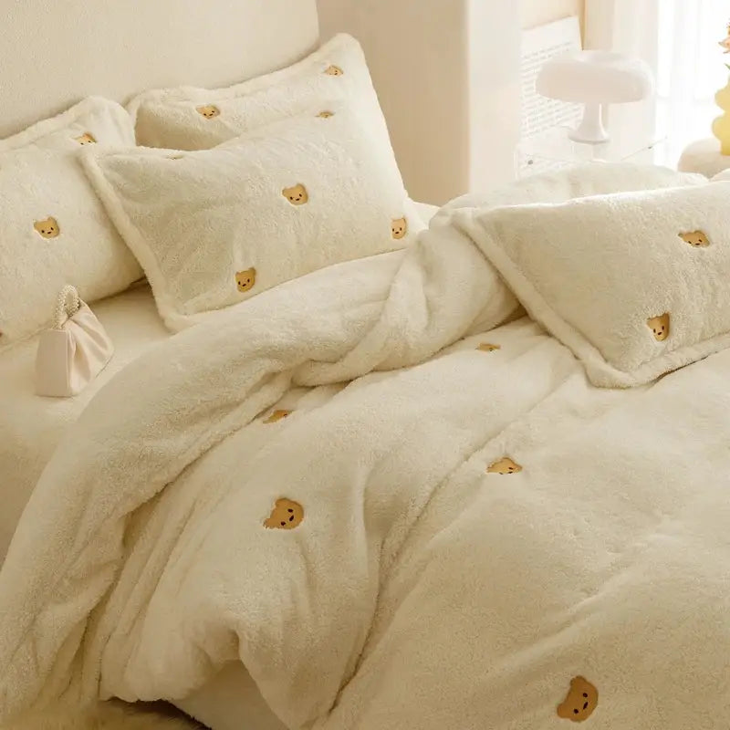 Berber fleece star embroidery bedding set cream white bedroom plush