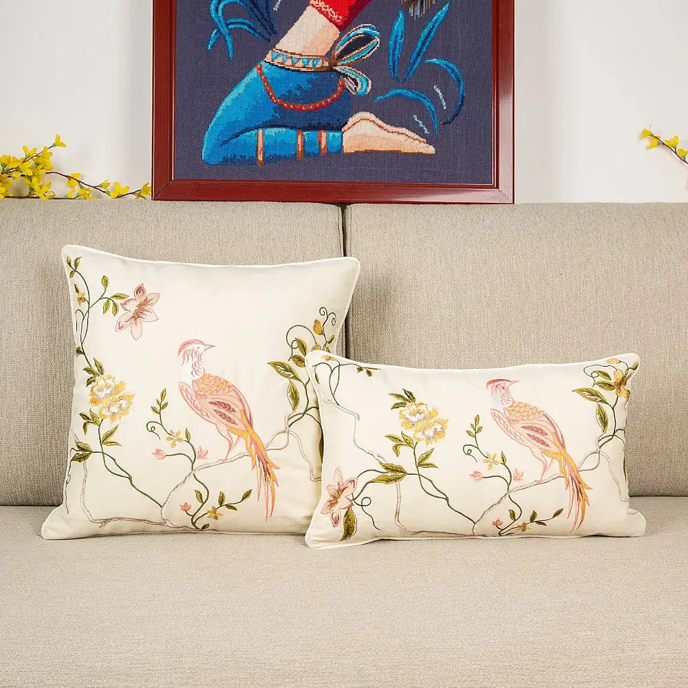 Bird embroidered cotton cushion cover living room floral pillow case