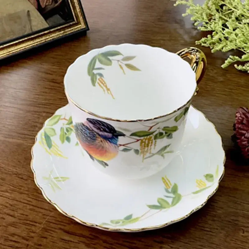 Bird pattern ceramic gold trimmed mug and saucer set dining room