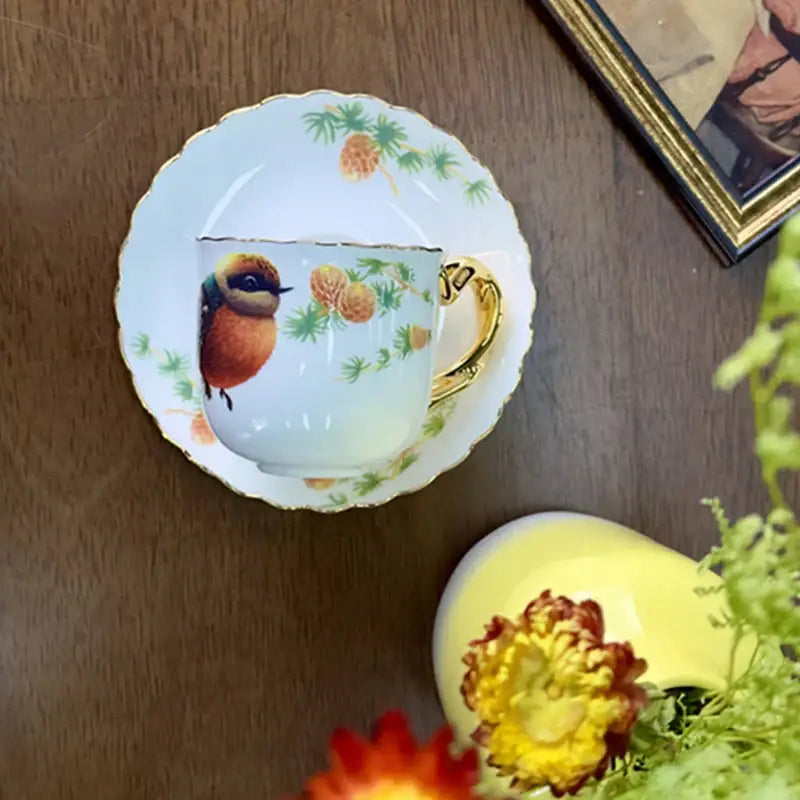 Bird pattern ceramic gold trimmed mug and saucer set dining room