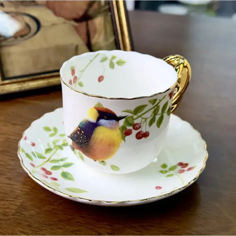 Bird pattern ceramic gold trimmed mug and saucer set dining room