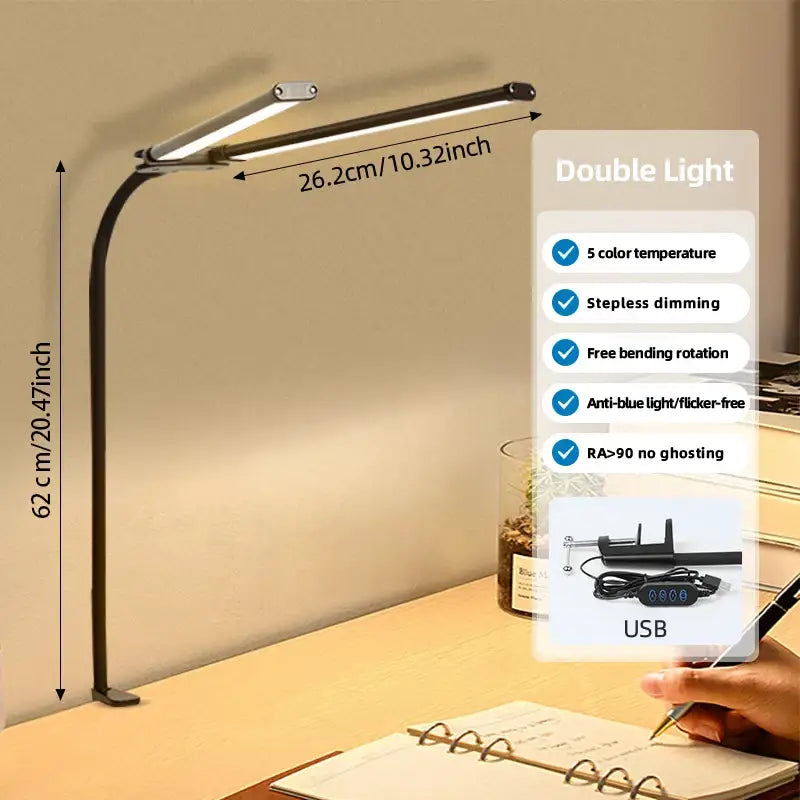Black adjustable double head led usb table lamp – office desk light