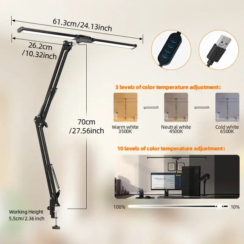 Black adjustable double head led usb table lamp – office desk light