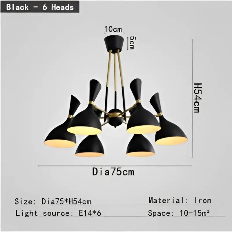 Black and brass nordic led multiple head chandelier for living room