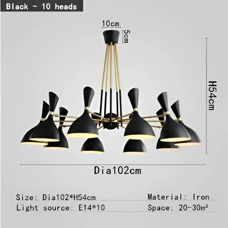 Black and brass nordic led multiple head chandelier for living room