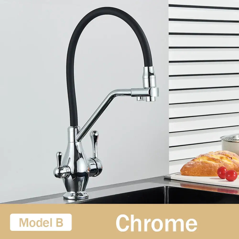 Black and chrome dual spout kitchen faucet with filter nozzle