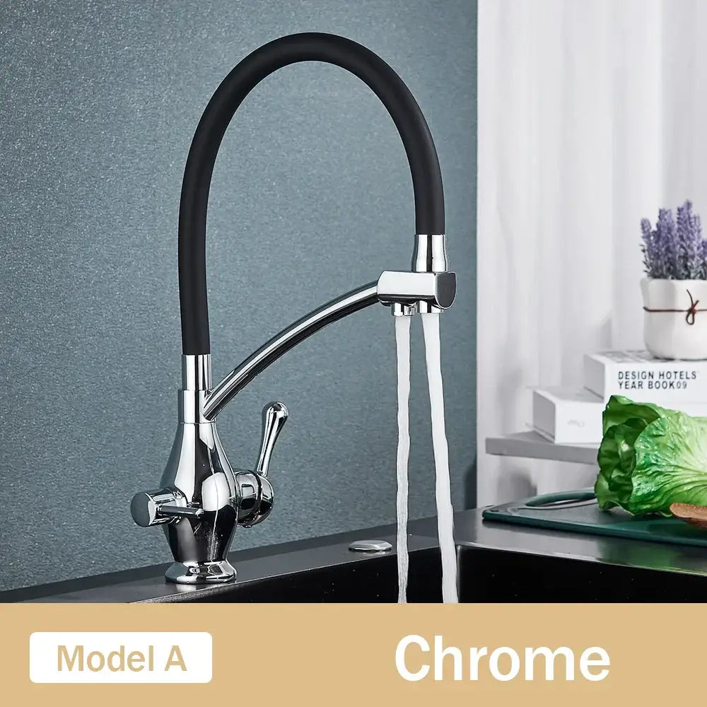 Black and chrome dual spout kitchen faucet with filter nozzle