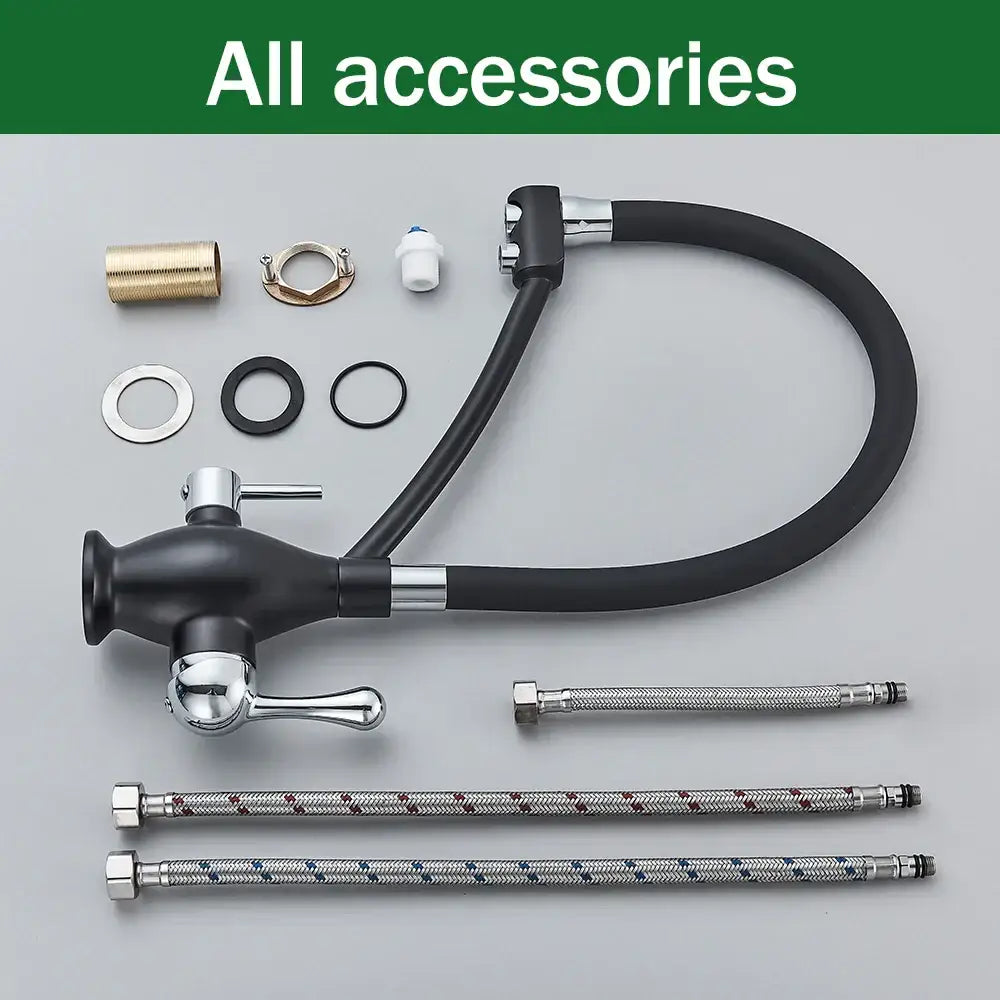 Black and chrome dual spout kitchen faucet with filter nozzle