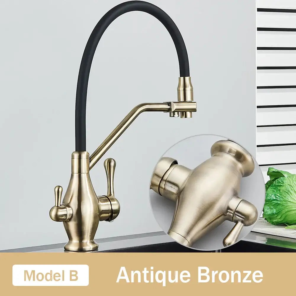 Black and chrome dual spout kitchen faucet with filter nozzle