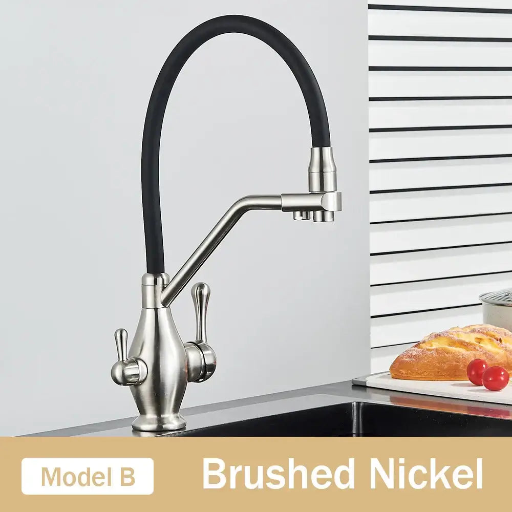 Black and chrome dual spout kitchen faucet with filter nozzle