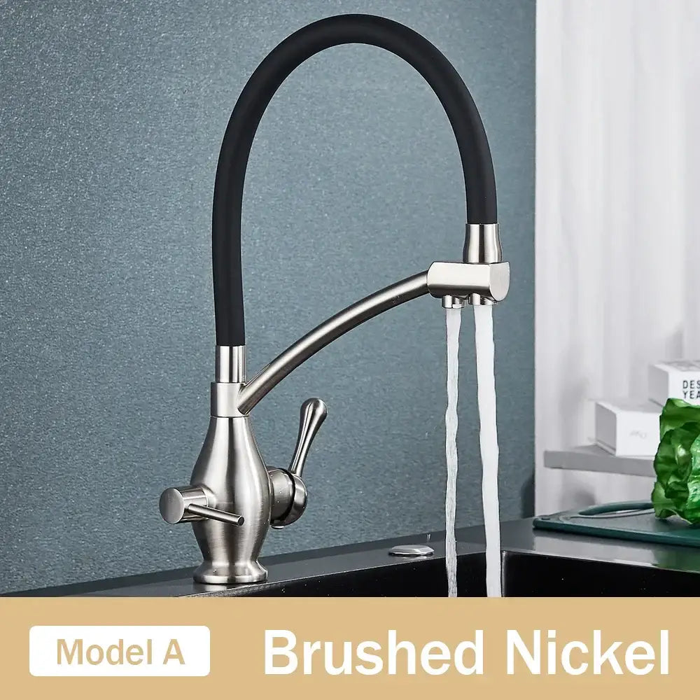 Black and chrome dual spout kitchen faucet with filter nozzle