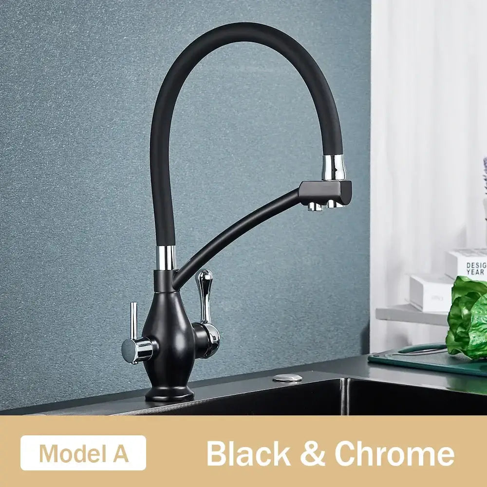 Black and chrome dual spout kitchen faucet with filter nozzle