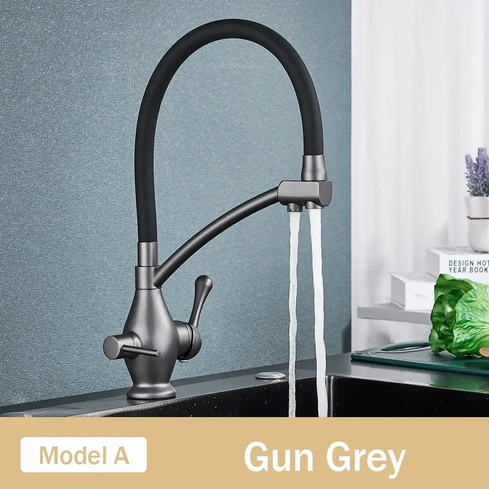 Black and chrome dual spout kitchen faucet with filter nozzle