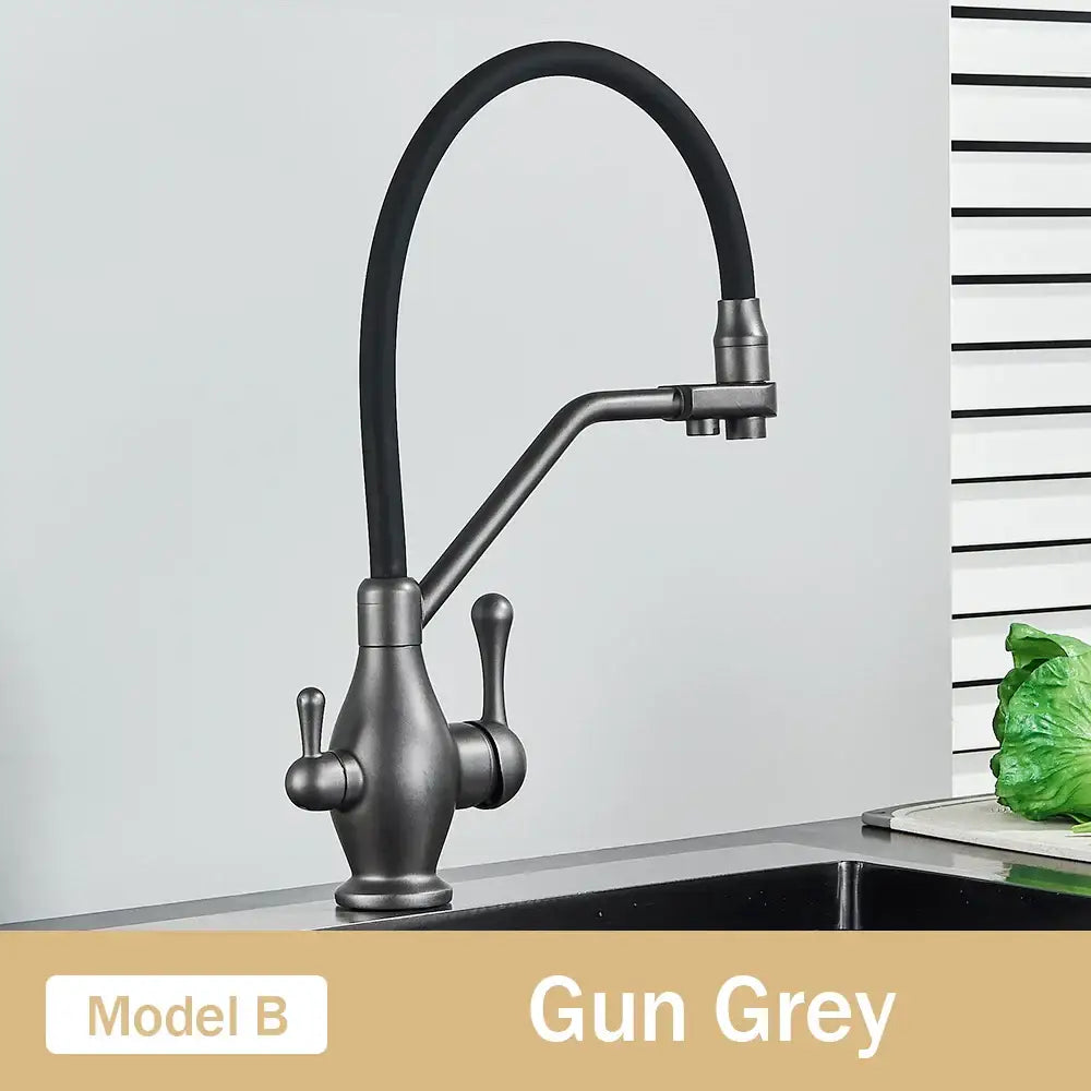 Black and chrome dual spout kitchen faucet with filter nozzle