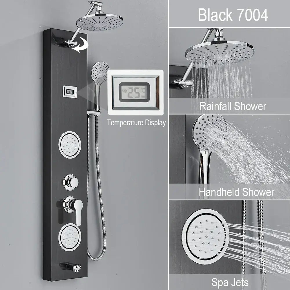 Black and chrome rainfall shower panel bathroom storage rack