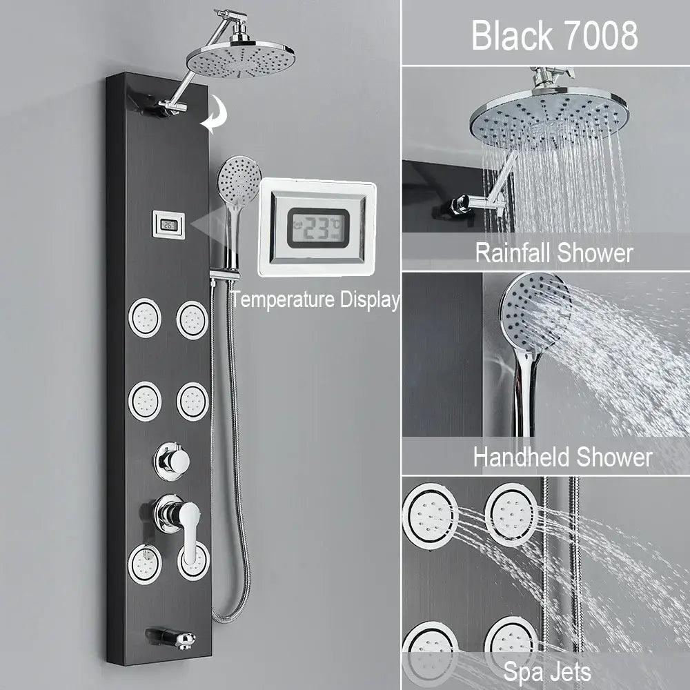 Black and chrome rainfall shower panel bathroom storage rack