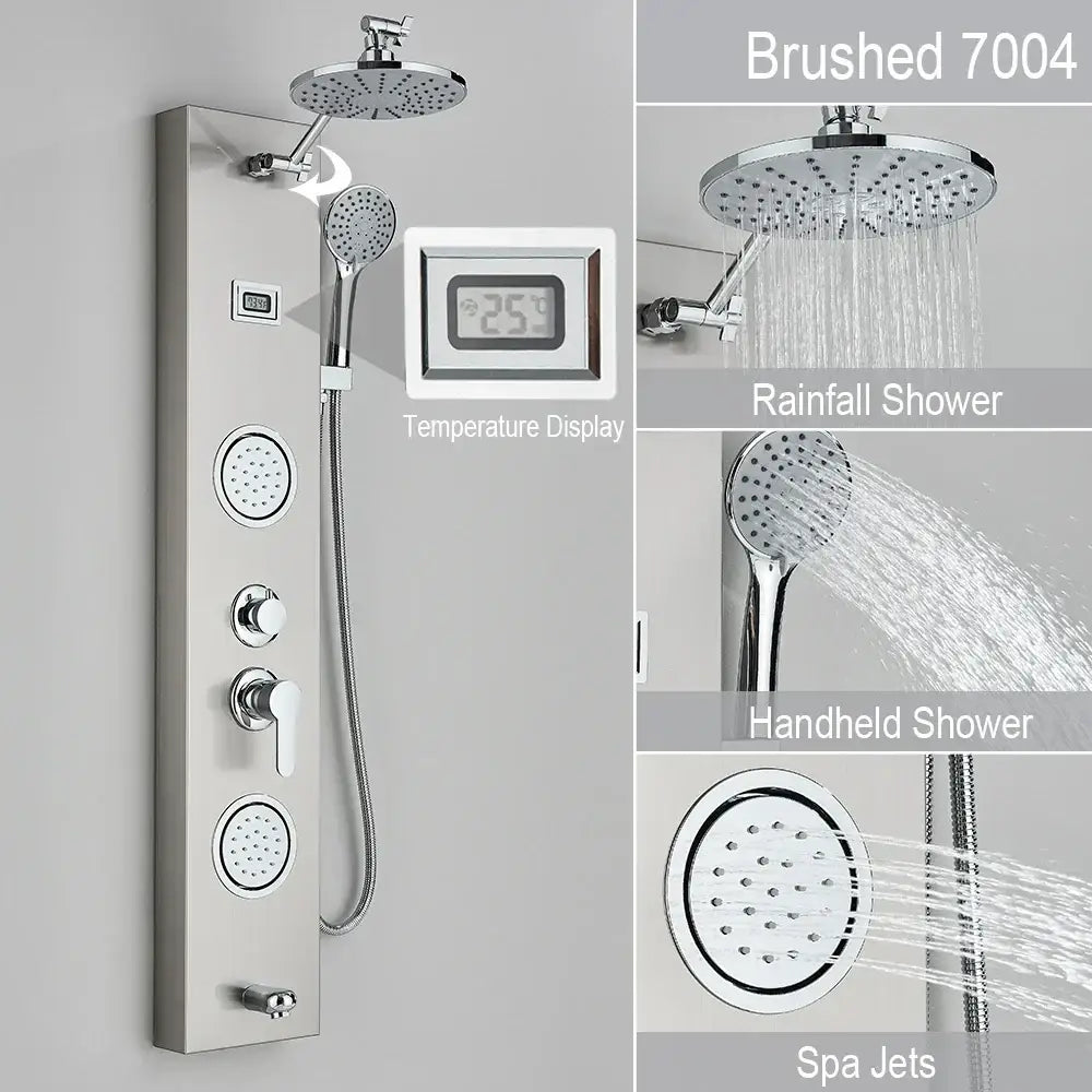 Black and chrome rainfall shower panel bathroom storage rack