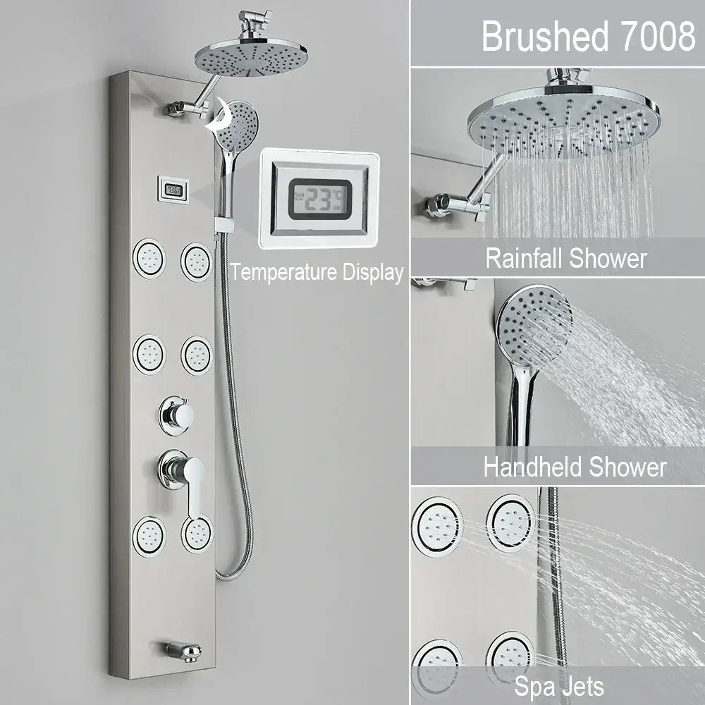 Black and chrome rainfall shower panel bathroom storage rack