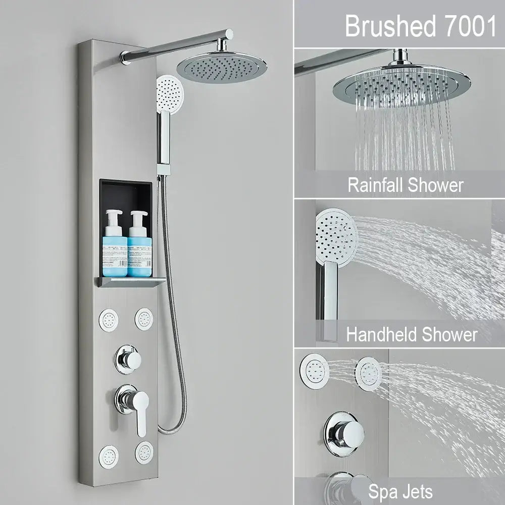 Black and chrome rainfall shower panel bathroom storage rack