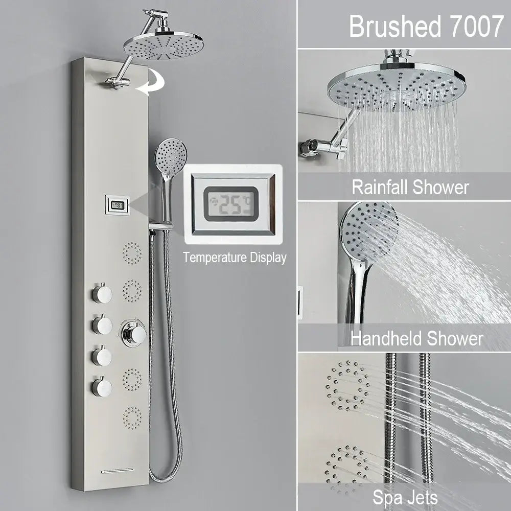 Black and chrome rainfall shower panel bathroom storage rack