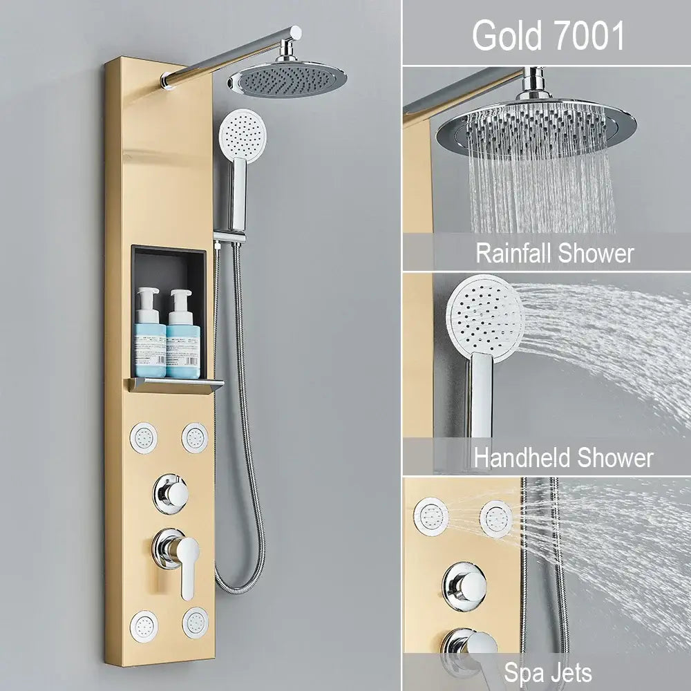 Black and chrome rainfall shower panel bathroom storage rack