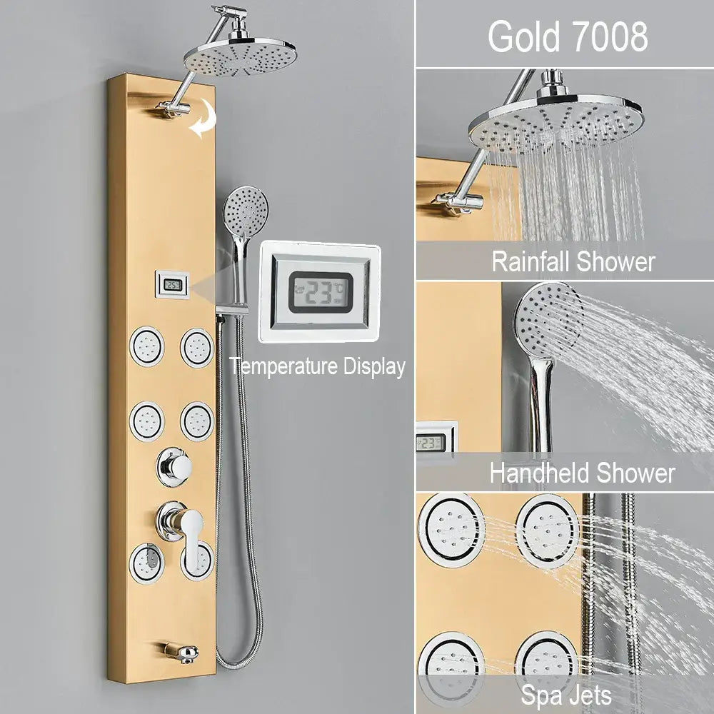 Black and chrome rainfall shower panel bathroom storage rack