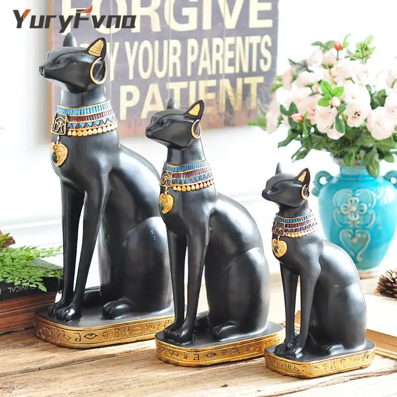 Black and gold bastet cat goddess statue 3 piece set living room decor