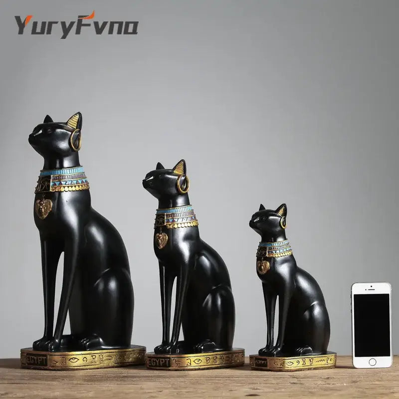 Black and gold bastet cat goddess statue 3 piece set living room decor